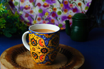 Tea, Milk Tea, Tea add in cup, cup of tea, Indian chai, Interior sindh chai, sindhi style tea, colorful background