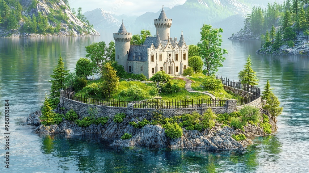 Poster Majestic Stone Castle on Secluded Island with Mountain Views