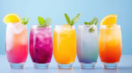 Five glasses of colorful drinks adorned with mint and citrus, arranged neatly against a light blue backdrop