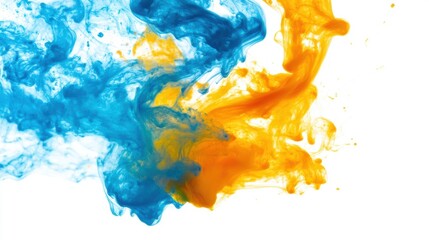 Colorful ink in blue and orange swirls harmoniously in clear water, forming mesmerizing patterns during an artistic exploration