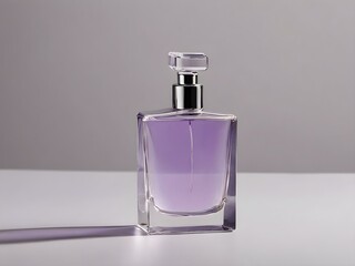 A minimalist glass perfume bottle with a lavender-colored liquid against a pale gray background