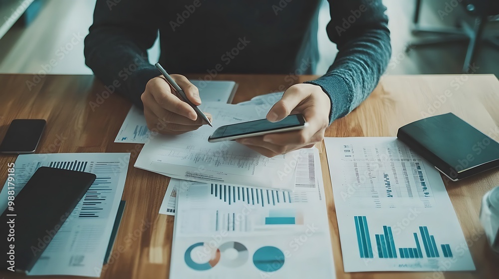 Aufkleber manager reviewing documents and smartphone in modern office with digital tools