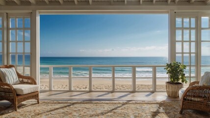 Luxurious hotel room with a sea view through large glass windows and a balcony, featuring modern interior design with a table and chair in an open, bright space