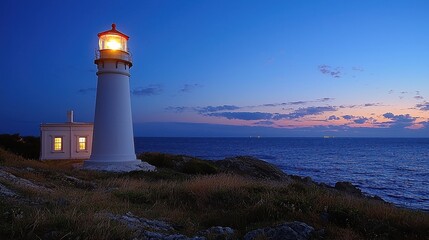 Obraz premium Lighthouse on a Coastline at Dusk