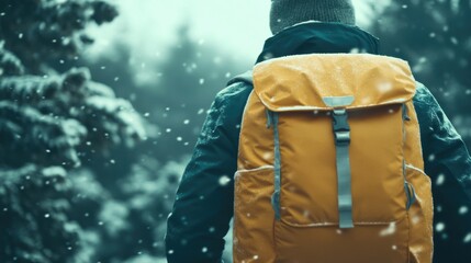 A hiker navigates through a snowy forest, enjoying a winter adventure amidst falling snowflakes and tall evergreen trees