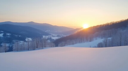 A serene winter landscape where snow blankets the hills, with the sun rising gently over distant mountains, creating a beautiful glow
