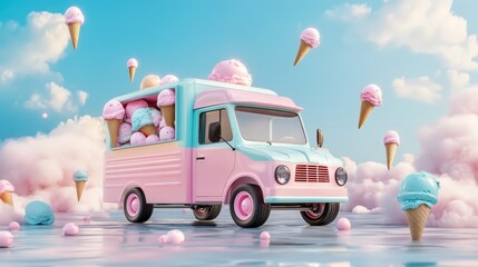 Pink Ice Cream Truck with Ice Cream Cones in Sky