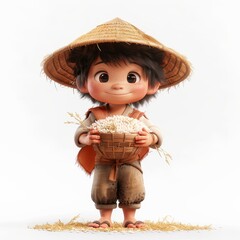 Cute Cartoon Character Dressed as Farmer Holding Basket