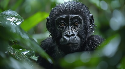 Obraz premium Close Up Portrait of a Young Gorilla in the Rainforest