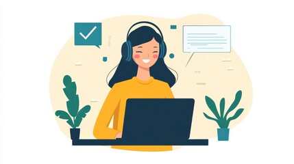 Happy Woman Working on Laptop with Headphones and Check Mark