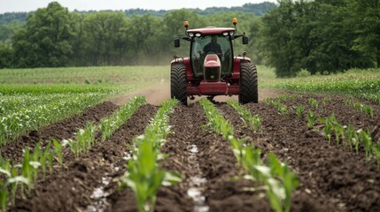 Fototapeta premium Red Tractor Cultivating Corn Field in Summer