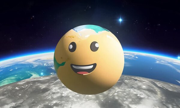 Un &eacute;motic&ocirc;ne flottant au-dessus de la Lune et de la Terre, se transformant progressivement en plan&egrave;te, sc&egrave;ne cosmique kawaii avec des &eacute;l&eacute;ments mignons 