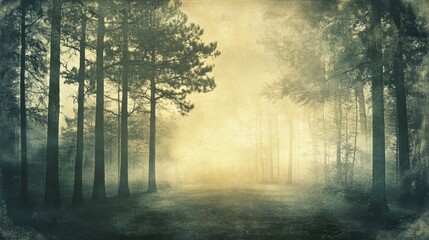 Naklejka premium Misty Forest Path with Sunlight Through Trees