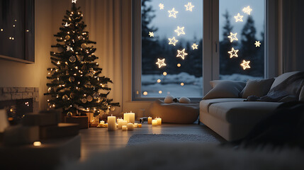 The Christmas tree is decorated with simple white and wooden ornaments, and the room is lit by warm white fairy lights strung across the tree