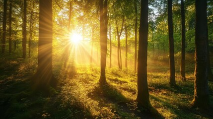 Golden Sunlight Streaming Through the Lush Forest