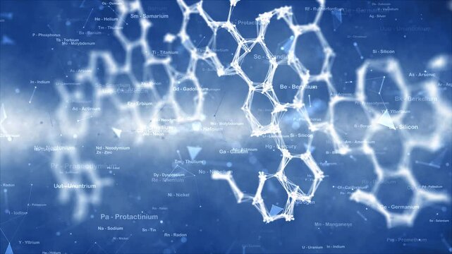 Digital science hexagon bonds with element names animation background.