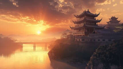 Obraz premium the beautiful anime background of the landscape of temple on the mountain