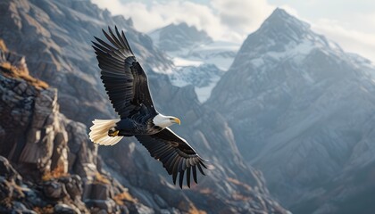 Majestic Bald Eagle Gliding Above Rugged Mountains in Awe-Inspiring Natural Serenity