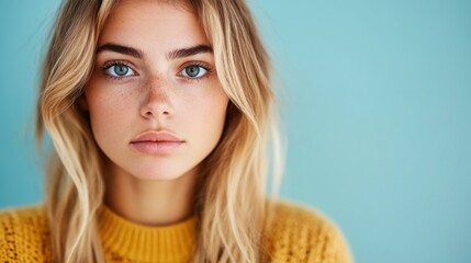 Naklejka premium The young woman with long blonde hair gazes seriously at the camera, showcasing her striking blue eyes and freckles in a soft setting