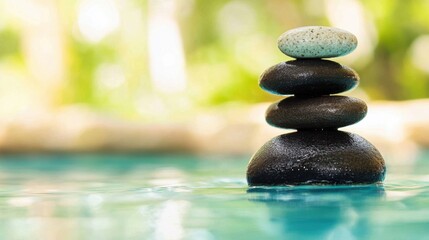 Obraz premium Several zen stones are carefully stacked in calm water, creating a serene focal point amidst the vibrant, lush surroundings