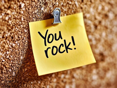A close-up of a yellow sticky note pinned to a corkboard with a metallic clip, featuring the handwritten message "You rock!"