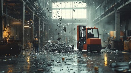 Near miss incident with factory roof collapse debris falling beside worker and forklift in industrial warehouse
