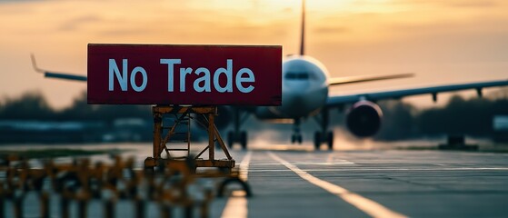 An airport runway at sunset with a prominent 'No Trade' sign in focus, while an aircraft prepares for departure in the background.