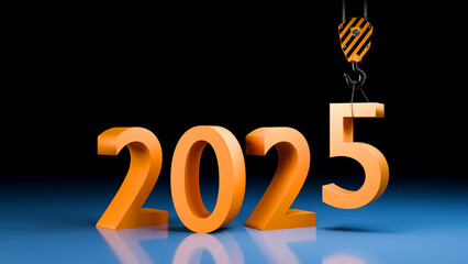 2025 new year. Template for holiday banner. Hook of crane raises numbers 2025. Coming of new year. Change of season in construction industry concept. Holiday banner with number 2025. 3d image