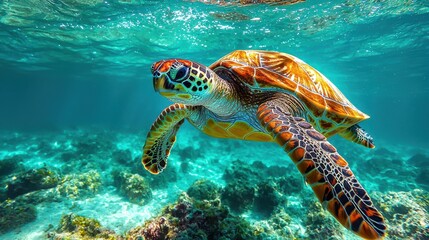 Obraz premium Sea Turtle Swimming Underwater in Tropical Ocean