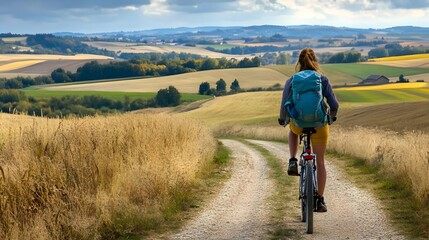 Fototapeta premium Cyclist riding through scenic countryside path