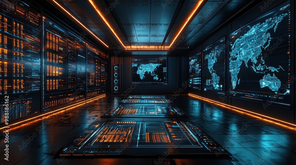 Canvas Prints futuristic data center interior with digital world map and screens