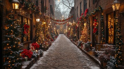 Festive Cobblestone Street Decorated for Christmas