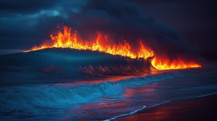 Burning Wave Ocean Fire Dramatic Seascape Night Sky