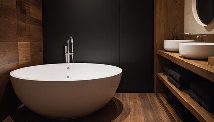 Fototapeta premium Luxurious dark bathroom moody lighting deep wood tones sleek modern design freestanding bathtub floa 9