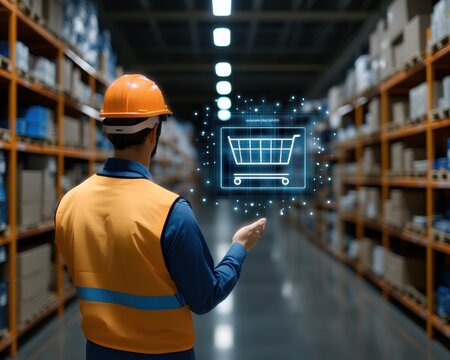 Warehouse worker with shopping cart icon