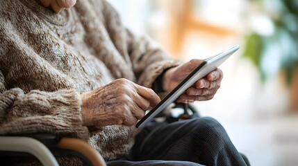 Elderly person using tablet in wheelchair