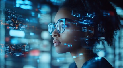Woman in glasses looking at glowing screen with digital data and code.
