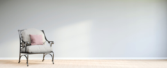 Obraz premium Minimal interior armchair zen style wooden chair in front of empty white wall