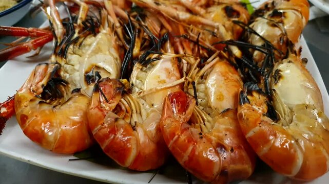 Grill Thai river prawn shrimp close up shot shellfish