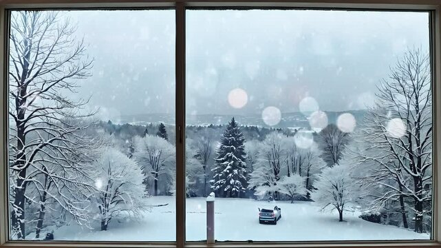 A view of a snowy landscape through a window with falling snow. Seamless looping 4k time-lapse virtual background