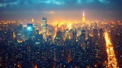 Obraz premium Night Cityscape with Skyscrapers and Street Lights