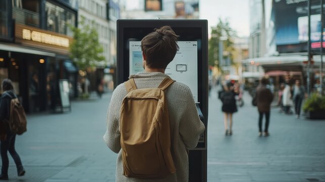 Woman Checking a Touchscreen Kiosk on a City Street