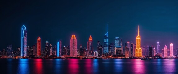 Obraz premium Cityscape on dark blue background with bright glowing neon. 