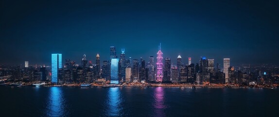 Naklejka premium Cityscape on dark blue background with bright glowing neon. 