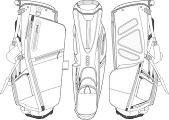 Golf Bag Technical Illustration Mock-up Template for Design and Tech Packs Front Back and Side Views	