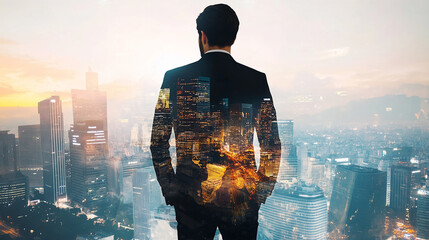 Double exposure Businessman collaborates with international e-commerce platforms to expand global market reach.