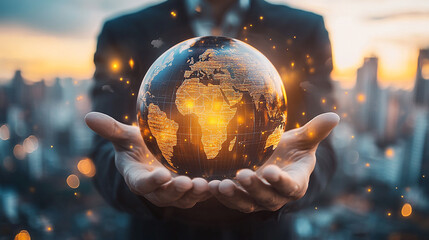 Double exposure Businessman collaborates with international e-commerce platforms to expand global market reach.