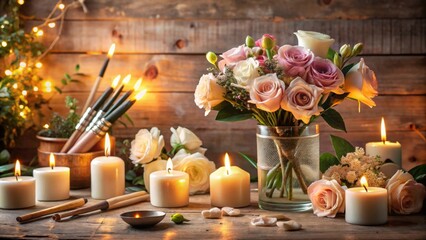 Obraz premium Romantic setting with flowers, candles, brushes, and decorations , love, romance, props, passion, Valentine's Day
