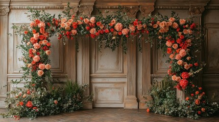 Floral Archway with White Pillars and Wooden Floor