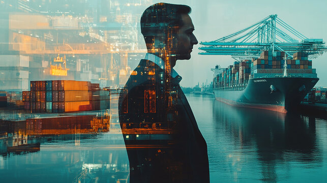 Double exposure Businessman invests in cybersecurity measures to protect sensitive international shipping data.